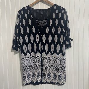 Appointments 3X Plus Black White Top Tunic Rhinestone Layered Print Sheer Sleeve